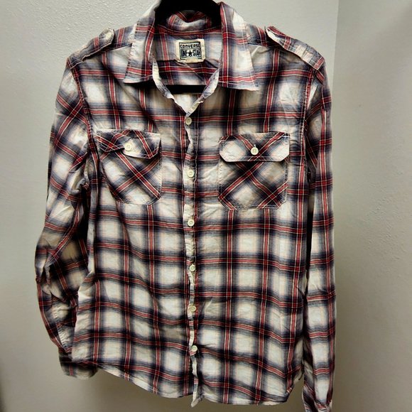 Converse Other - Converse One Star Flannel Shirt Mens Medium Red Black Button Up Long Sleeve